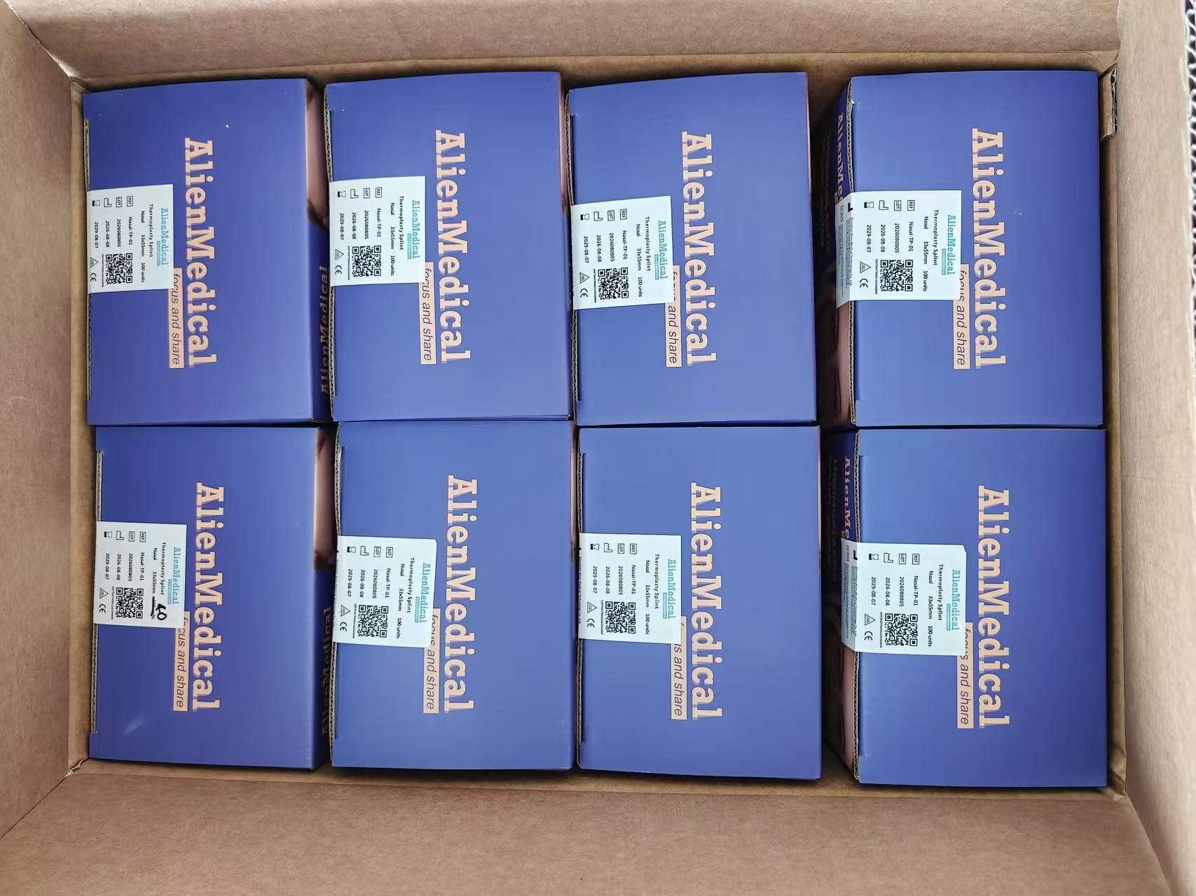 AlienMedical branded nasal splint boxes packed in a shipping carton